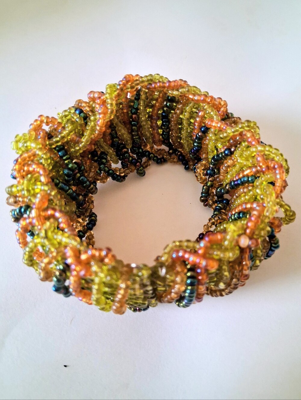 Bohemian Peacock Blue Gold Green Glass Micro Bead Flex Cuff Bracelet